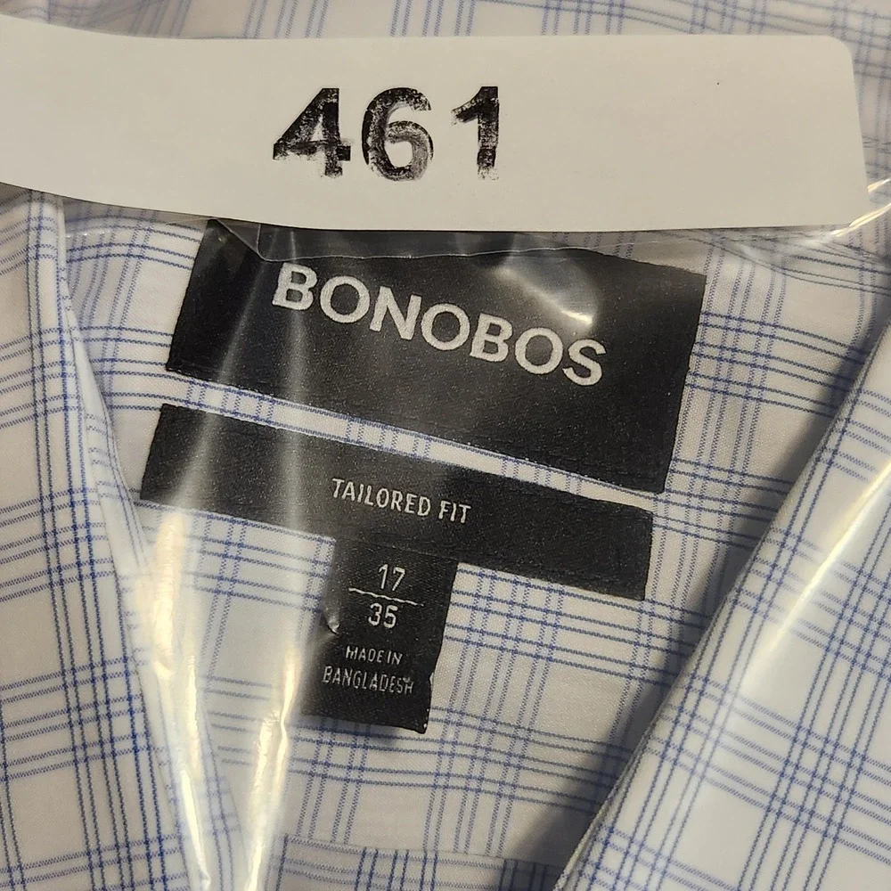 Bonobos Dress Shirt Men 17 35 Blue White Plaid Tailored Fit Long Sleve Button Up